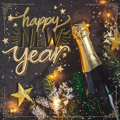 happy new year greeting card with champagne bottle and christmas tree decorations on black background, stars and snowflakes