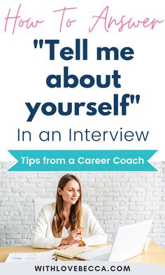 a woman sitting at a desk in front of a laptop computer with the words how to answer tell me about yourself in an interview