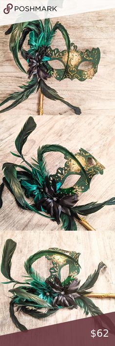 Venetian Cat Eye Ladies Masquerade Ball Mask on a Stick in Dark Emerald Green Green Gold Masquerade Mask, Green Masquerade Dress And Mask, Emerald Masquerade Mask, Emerald Green Masquerade Dress, Masquerade Themed Wedding, Emerald Green Masquerade Mask, Quinceanera Themes Masquerade, Mascarade Ball Dresses