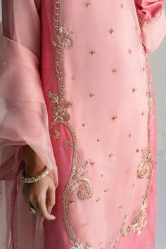 The pink Kameez Trouser Dupatta Pakistani Wedding Dress is a stunning masterpiece in premium Raw Silk fabric. This Pakistani Dress is available Online. Embroidery On Silk Fabric, Hand Work Dress Design, Embroidery On Pink Fabric, Pakistani Embroidery Designs, Pink Pakistani Suit, Designer Suits For Wedding, Dupatta Designs, Raw Silk Dress