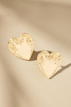 Gold: 14k gold-plated brass Silver: Rhodium-plated brass Post styling Imported | Western Heart Post Earrings by Anthropologie in Gold, Women's, Gold/Plated Brass Jewelry Gold Rings, Anthropologie Earrings, Jewelry Photos, Trend Jewelry, Western Earrings, Gold Rings Jewelry, Brass Jewelry, Rings Necklaces, Jewelry Gold