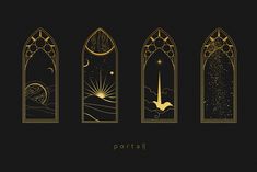 four windows with gold designs on them and the words portal written in white letters, against a black background