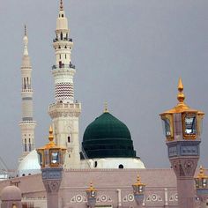 a large white building with two green domes