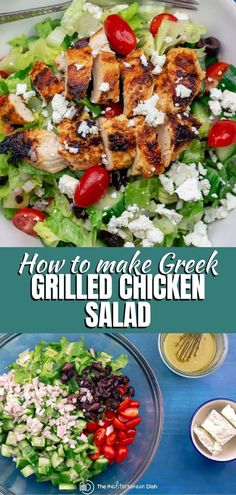 grilled chicken salad with tomatoes, cucumber and feta cheese on top