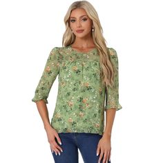 Whether you're in the office or out on the town, this ruffle collar floral print top is perfect for any occasion. It looks comfortable and it is made of very nice flowy breathable material with a pretty floral design. It looks fresh and great for early fall. The style of the blouse gives a very fresh and youthful look without excluding an older audience. Beautiful boho design, very neutral color, could match with Jeans for a very tailored casual look, great for spring and summer. Fall Floral Print Half Sleeve Blouse, Feminine Floral Print Tops With 3/4 Sleeve, Feminine Blouse With 3/4 Sleeve Floral Print, Feminine 3/4 Sleeve Blouse With Floral Print, Flowy Half Sleeve Blouse For Spring, Floral Print 3/4 Sleeve Tops For Work, Floral Print 3/4 Sleeve Work Blouse, Floral Print 3/4 Sleeve Workwear Top, Floral Print 3/4 Sleeve Workwear Blouse