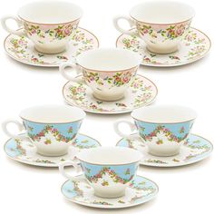 six tea cups and saucers with flowers on them