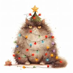 a cat sitting next to a christmas tree with lights on it's head and eyes