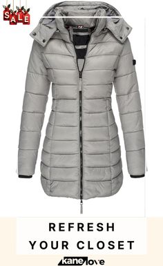 Elegant Detachable Hooded Women's Mid-length Slim-fit Thermal Down Coat Gray Stretch Winter Outerwear, Stretch Gray Winter Outerwear, Gray Stretch Hooded Outerwear, Stretch Gray Hooded Outerwear, Fitted Hooded Gray Outerwear, Fitted Gray Hooded Outerwear, Down Coat, Elevate Your Style, Outerwear Women