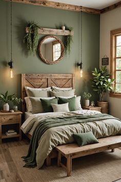 a bedroom with green walls and wooden bed frame, plants on the headboard, potted plant in window sill