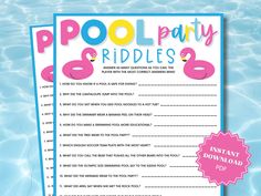 the pool party riddles game is shown in pink and blue