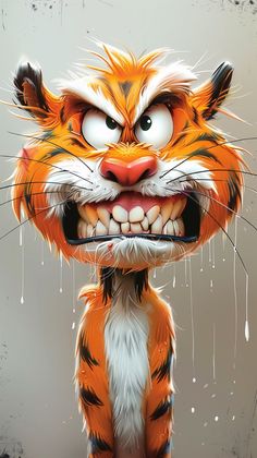 an orange and white tiger with it's mouth open, showing teeth that have been painted