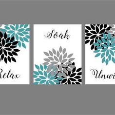 three cards with flowers and the words relax, relax, relax in black and white