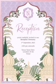 a wedding reception card with an ornate frame and floral design on the front, in paste pink