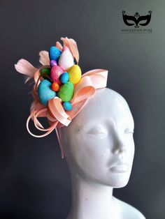 Easter Hat Collection - Peach Fascinator & Easter eggs complement so well together!  I N C L U D E D Beautiful peach fascinator comes in a clip and can be worn with or without a headband! The ladder of colorful Easter eggs are playfully stacked and topped two yellow airy feathers! In secure box packaging to keep form.  S H I P P I N G -  Processed same day or within 24 hours.  1-2 day guaranteed delivery, add item to cart, click shipping tab for rates.  Pls leave a check out note with your need Pink Fun Costume Hats For Spring, Multicolor Mini Hat Headband For Spring, Adjustable Multicolor Spring Fascinator, Spring Multicolor Hat Fascinator, Adjustable Multicolor Headpieces For Spring, Easter Fascinator, Whimsical Multicolor Spring Fascinator, Fun Pink Hair Accessories For Spring, Girls Easter Hats