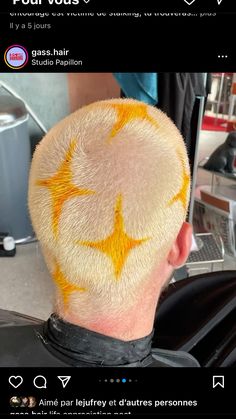 Buzz Cut Painted Hair, Buzzed Head Dye Designs, Bleached Hair Men Design, Buzzcut Hair Designs, Buzzcut Dye Patterns, Flower Buzzcut, Spider Web Buzzcut, Buzz Cut Bleach Designs, Yellow Buzzcut