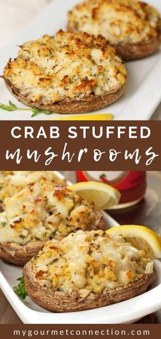 crab stuffed mushrooms on a plate with lemon wedges