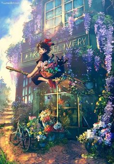 a woman flying through the air while riding a bike in front of a flower shop