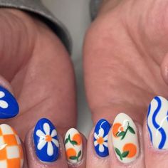 Hannah Leong on Instagram: "Perfect nails for spring going into summer!🍊 • • • Inspo: @zoemollienails  #springnails #summernails #orangenails #fruitnails #swirlnails #nailart #handpaintednailart #checkerednails #luminarynailsystems #nailsofinstagram #nailsnailsnails #nails" Cute Nails For Moms, Fruity Summer Nails, Rosh Hashana Nails, Oranges On Nails, Back To College Nails, Funky Summer Nails 2024, Squishmallow Nails, Easy Design Nails, Fruit Inspired Nails