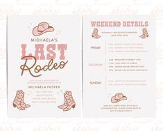 the last rodeo wedding program is shown in pink and gold, with cowboy boots on it