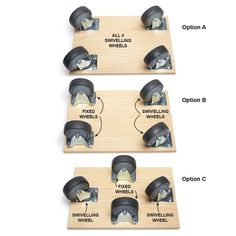 three wooden coasters with wheels attached to them and instructions on how to use them