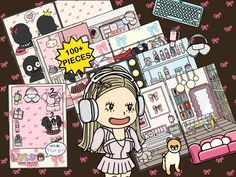 a girl with headphones is surrounded by various items