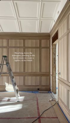 a ladder is in the middle of a room with wood paneling on the walls