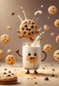 a cookie falling into a mug filled with milk and chocolate chip cookies as if it were in the air