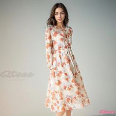 Qteee - Floral Maxi Dress with Long Sleeves - Womens Full-Length Chiffon Dress Wrap Waist Dress, Maxi Dress With Long Sleeves, Dress Elegant Long, Maxi Dress For Women, Womens Long Dresses, Full Length Gowns, Dress With Long Sleeves, One Piece Outfit, Floral Print Maxi Dress