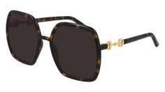 For the first time, the iconic Gucci Horsebit, is interpreted in the Eyewear category for a touch of classic elegance. The Logo is featured in metal, combi and plastic styles all with the same refined feeling. Oversize feminine hexagonal shape inspired by the '70s. This injected style has round tube-like sections whose shape can be appreciated from both the front and the sideview, reflecting the light and giving a three-dimensional shape. Temples embellished by the Horsebit detail. The style is Gucci Glasses, Brown Square, Gucci Eyewear, Gucci Logo, Gucci Horsebit, Havana Brown, Gucci Models, Fashion Eyewear, Gucci Sunglasses