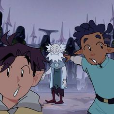 two cartoon characters are standing in front of an alien and another character is pointing at them