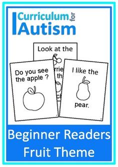 three books with the words, beginner readers fruit theme and an image of an apple