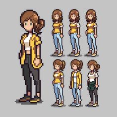 some pixel art style people with different outfits and hair, all looking like they're from