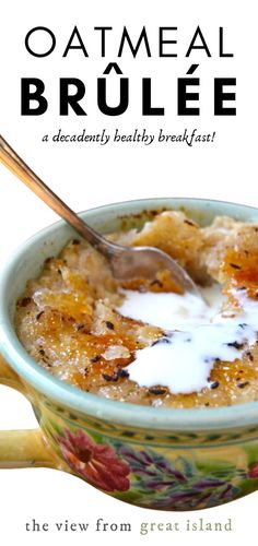 oatmeal brulee in a colorful bowl with a spoon on top