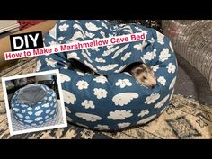 an animal in a blue and white flower print bean bag chair next to a rug