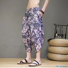 OrcaJump - Vintage Cotton and Linen Floral Print Seven-Eighth Length Casual Pants Casual Harem Pants For Yoga In Spring, Casual Spring Harem Pants For Yoga, Spring Yoga Harem Pants With Pockets, Summer Yoga Pants With Tapered Leg, Summer Yoga Ankle-length Bottoms, Fabric Names, Vintage Cotton, Casual Pants, Floral Print