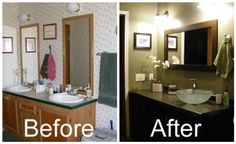 before and after photos of a bathroom remodel