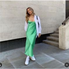 Questions? Leave A Comment Below! Satin Dress Outfit Casual, Satin Dress Casual, Satin Dress Outfit, Zara Satin Dress, Silk Dresses Outfit, Tik Tok Famous, Slip Dress Outfit, Green Slip Dress, Green Satin Dress