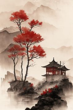 Chinese Landscape Art, Asian Mountain Art, Japanese Village Drawing, Japan Landscape Art, Traditional Japanese Landscape Art, China Background, Ancient Asian Art, Japan Landscape Painting, Japanese Painting Traditional