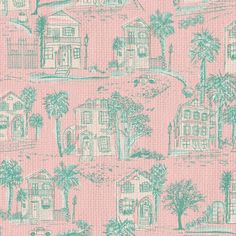 a pink wallpaper with houses and palm trees