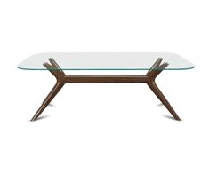 a glass table with wooden legs and a brown frame on the top, against a white background