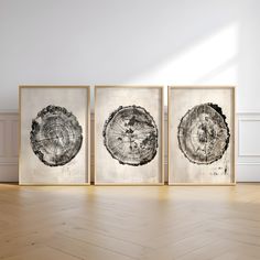 three framed art pieces on the wall in an empty room with hard wood flooring