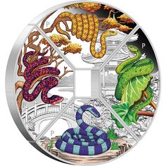 the snake and other animals are depicted in this silver plated coin, which features different colors