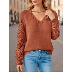 Season:Fall,Winter,Spring; Fabric:Polyester; Sleeve Length:Long Sleeve; Look After Me:Machine wash; Gender:Women's; Style:Elegant; Elasticity:Stretchy; Tops Type:Sweater; Occasion:Daily; Sweaters Type:Sweater; Top Length:Regular Tops; Fit Type:Loose Fit; Pattern:Solid Color; Design:Knitted; Neckline:V Neck; Brand:Shall We; Front page:FF; Listing Date:07/19/2024; Production mode:External procurement; Bust:null; Length:null; Fit US Size:null; Fit UK Size:null; Fit EU Size:null; Knit Style:Crochet Women’s Sweaters, V Neck Crochet, Winter Blouses, Fall Sweaters For Women, Unique Sweaters, Stretchy Tops, Spring Fabric, Knit Style, Women Hoodies Sweatshirts