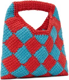 Crocheted acrylic top handle bag in red and blue. · Check pattern throughout · Rolled carry handle · Leather logo patch at face · Unlined · H6 x W9.5 x D0.75 Supplier color: Red/Blue Red Rectangular Crochet Bag With Handles, Red Square Crochet Bag For Daily Use, Red Crochet Shopping Bag With Handles, Diamond Crochet, Blue Check, Leather Logo, Handle Bag, Blue Diamond, Check Pattern