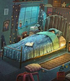 a painting of a child's bedroom with stars on the bed