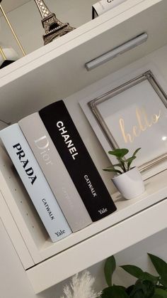 some books are sitting on a shelf next to a potted plant and an eiffel tower