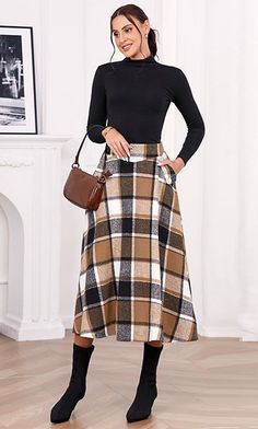 Fall Winter High Waisted Wool Plaid Long Skirt  #FallFashion #WinterStyle #HighWaistedSkirt #WoolPlaid #LongSkirt #ChicOutfit #SeasonalTrends #FashionInspiration #PlaidStyle #ElegantAttire