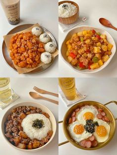 four pictures show different types of food on plates and in bowls, along with drinks