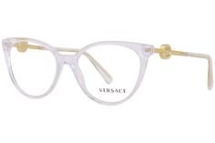 PRICES MAY VARY. Frame Material: Plastic Frame Color: Clear (In millimeters) Lens Width: 55 Bridge Width: 17 Temple: 140 Lens color: Clear Lens material: Customisable Versace Eyeglasses. Series number: VE3298B. Color code: 148. Size: 55. Shape: Cat Eye. Lens Width: 55 mm. Lens Bridge: 17 mm. Arm Length: 140 mm. Frame Material: Plastic;Metal. Frame Color: Crystal;Gold. Lenses Type: Demo. Rim Style: Full-Rim. UPC/EAN code: 8056597657068. Versace Demo Cat Eye Ladies Eyeglasses VE3298B 148 55. Versace Eyeglasses, Eye Lens, Vision Care, Designer Eyeglasses, Color Style, Eyeglasses Frames, Round Shape, Special Features, Versace