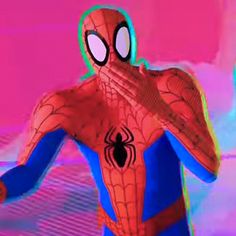 a spider - man is standing in front of a pink and blue background with his hands to his face